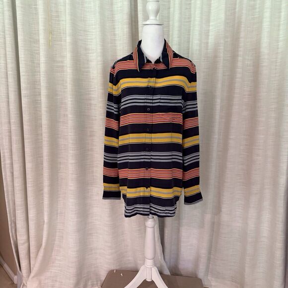 Equipment Femme Shirt Womens Small Navy Blue Striped 100% Silk Button‎ Up Top - Picture 6 of 15